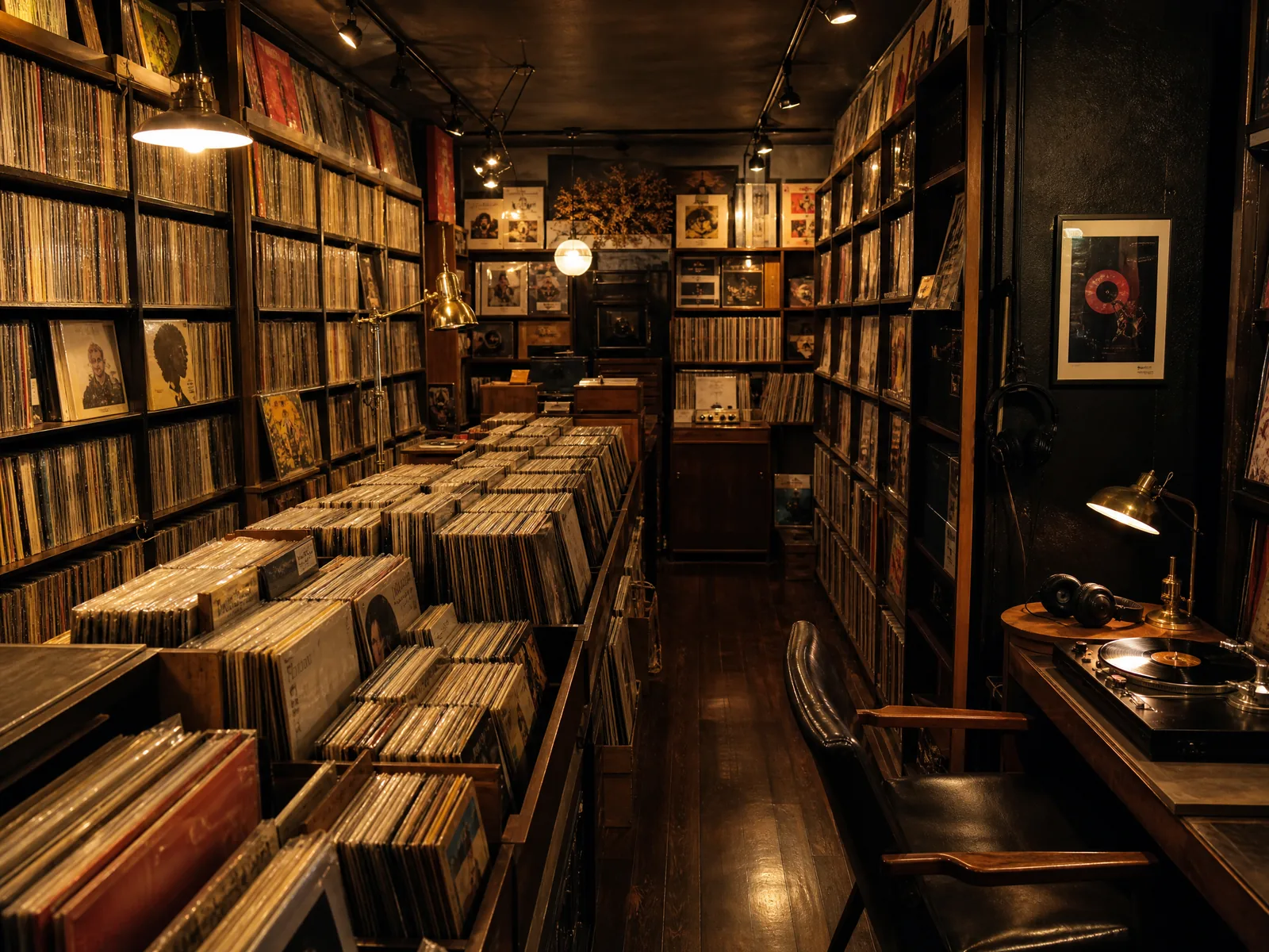 东京中古﻿唱片店内景，木质唱片箱与暖黄吊灯